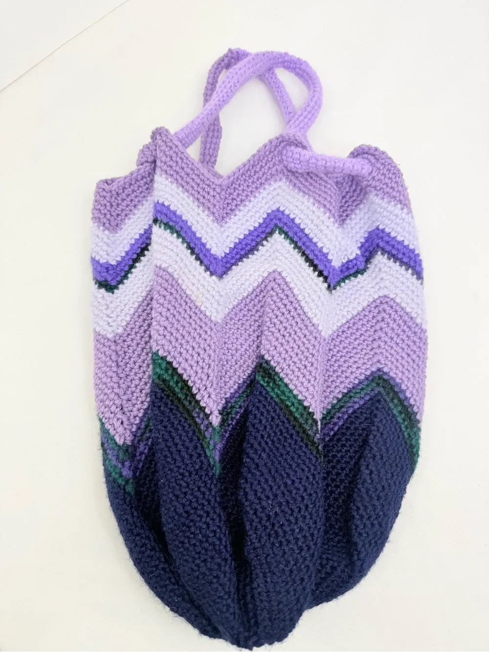 Hand Crafted Purple Striped Knit Tulip Shape Drawstring Strap Hobo Slouch Bag